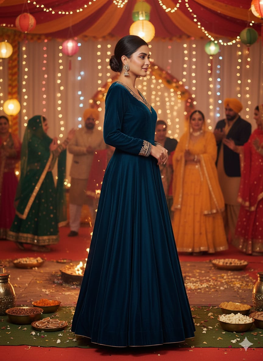 Peacock Blue Velvet Anarkali
