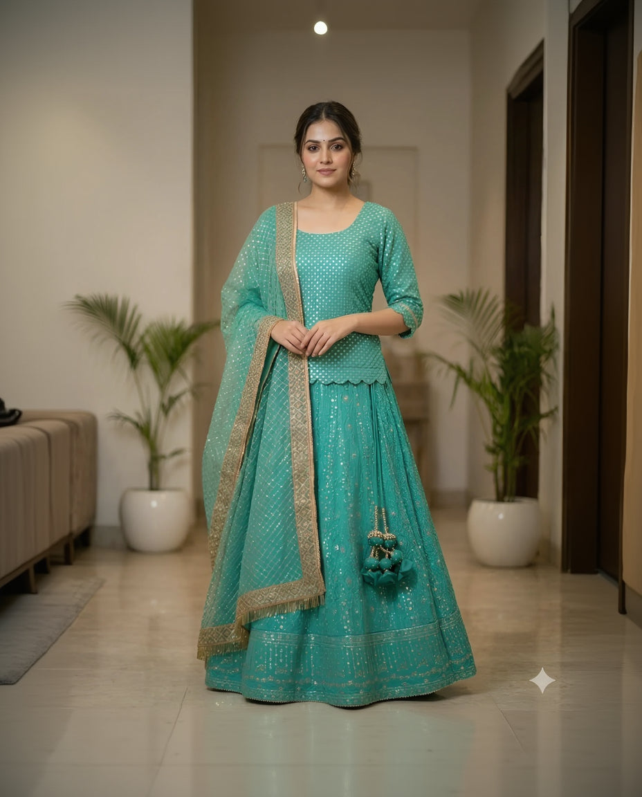 Woman in a teal traditional outfit with gold details in an indoor setting.
