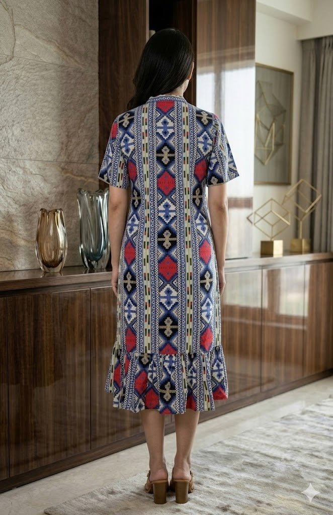 Blue Aztec Geometric Print Feeding Midi