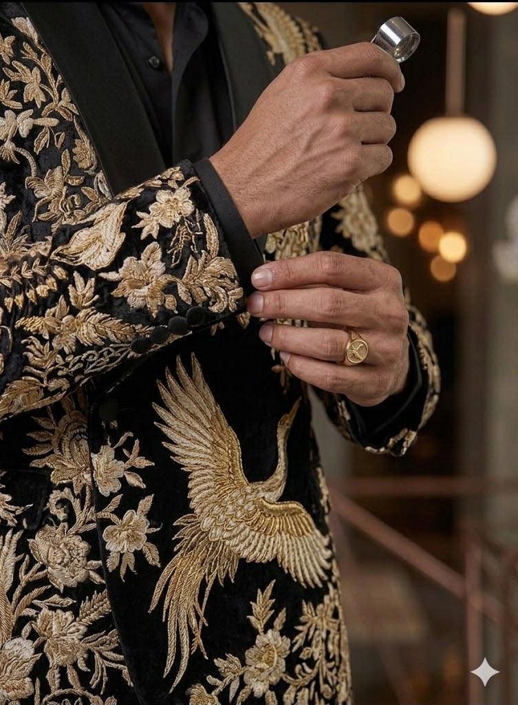 Black Gold Embroidered Shawl Lapel Suit