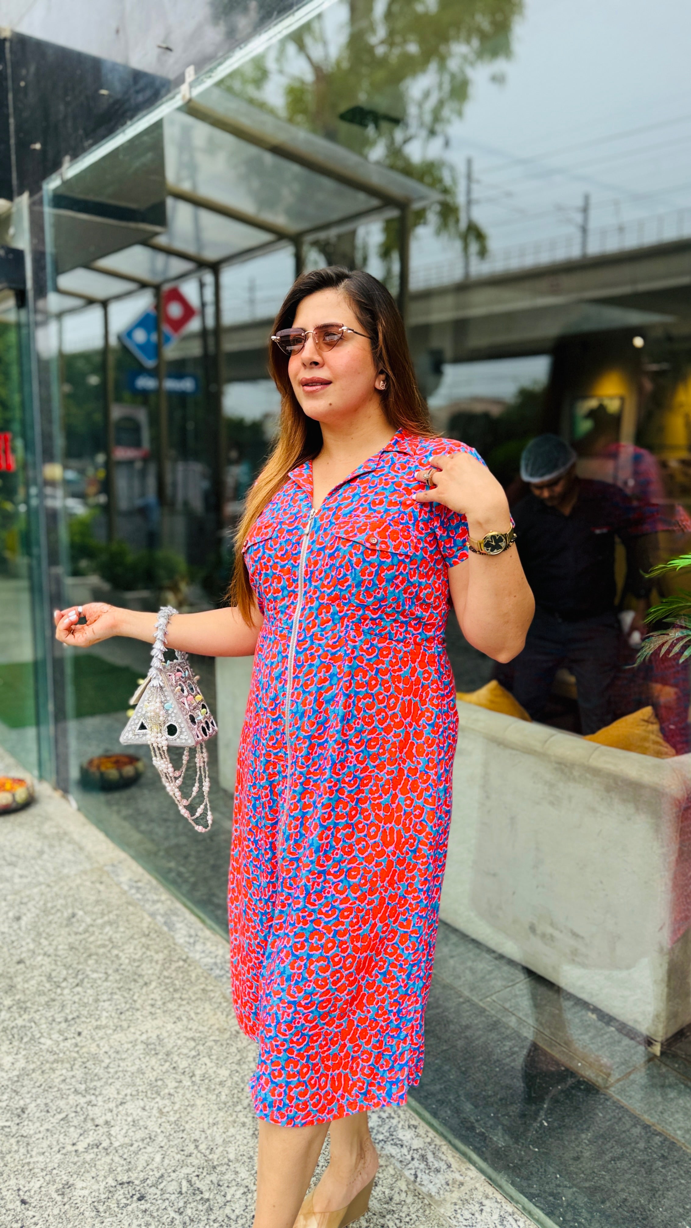 Blue Red Cotton Midi Dress