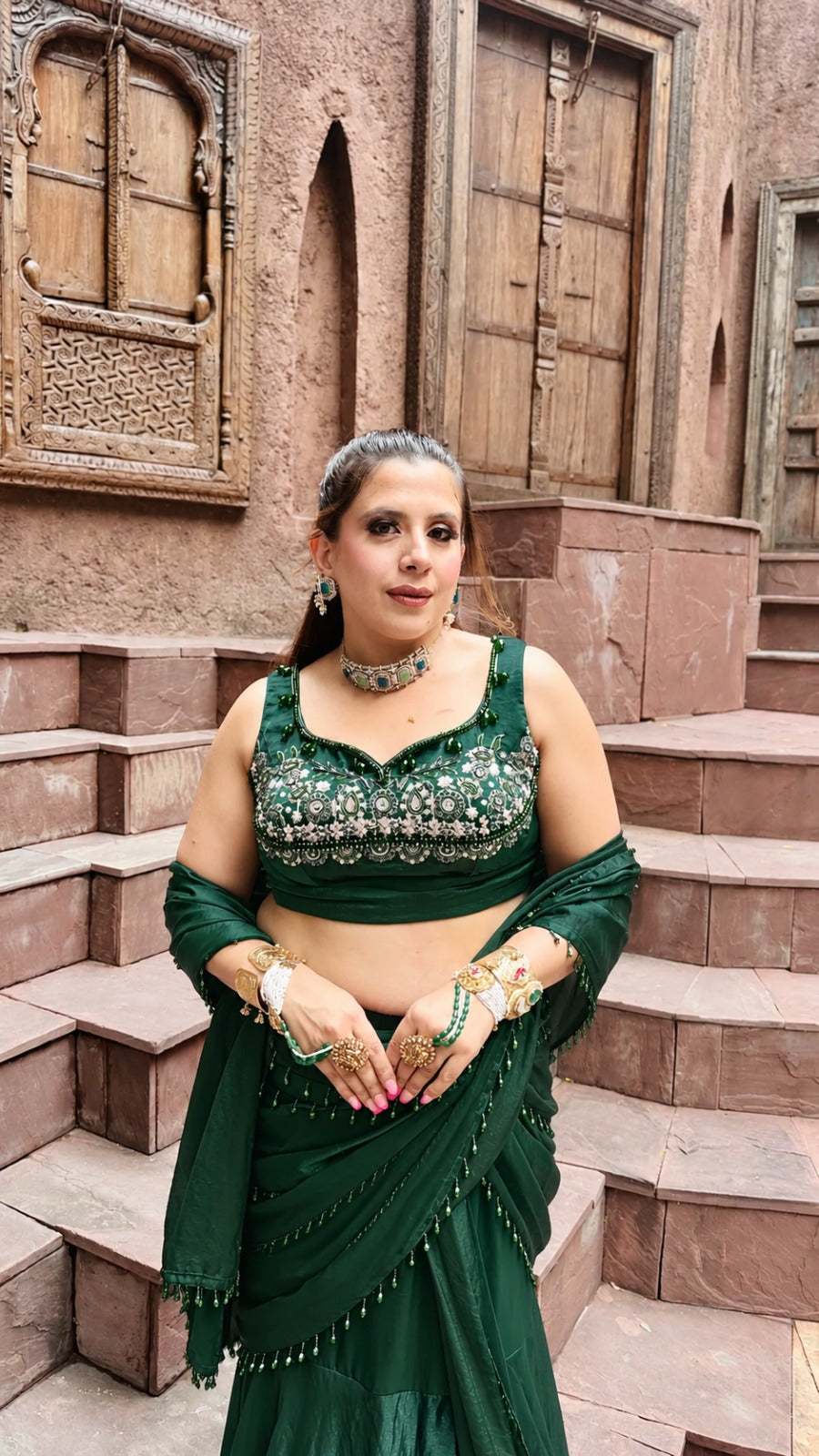 Emerald Cascade Green Shimmer Saree