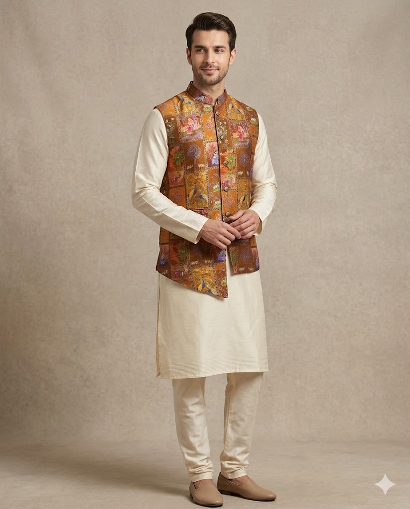 Cream Kurta with Designer Waistcoat
