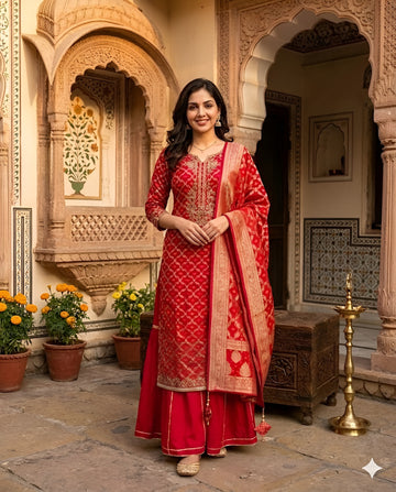 Red Embroidered Silk Suit