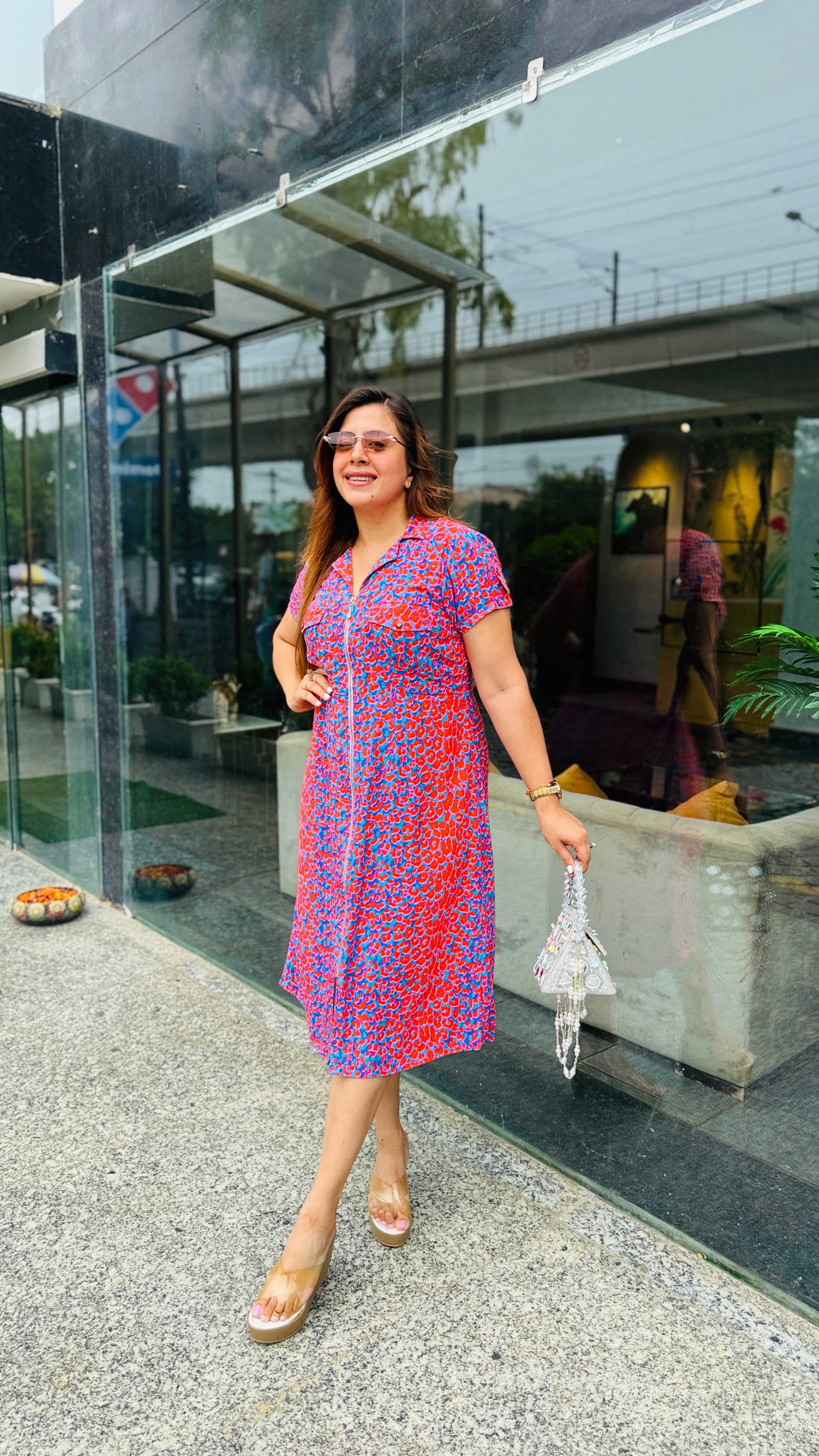 Blue Red Cotton Midi Dress