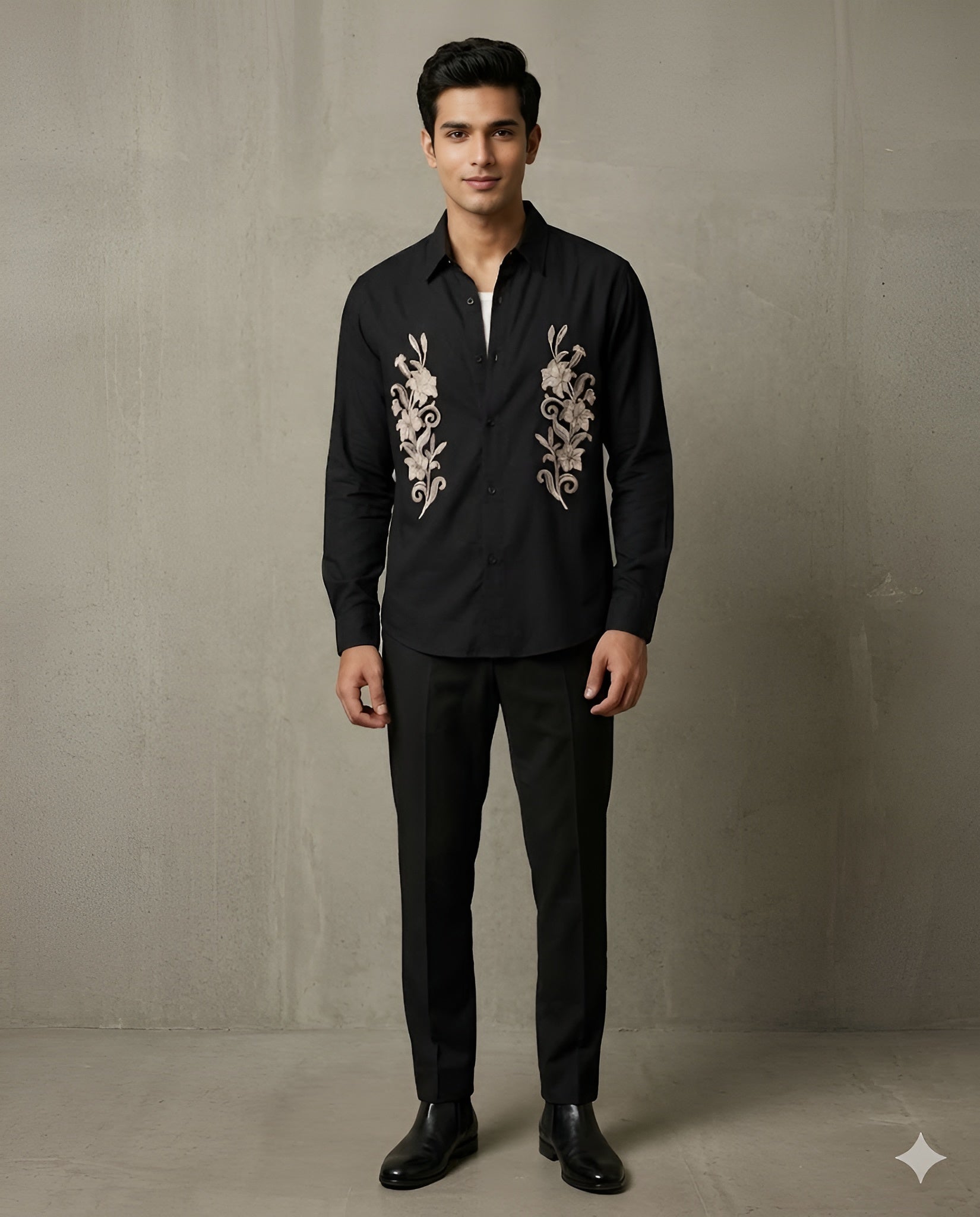 Black Floral Emb Cotton Shirt