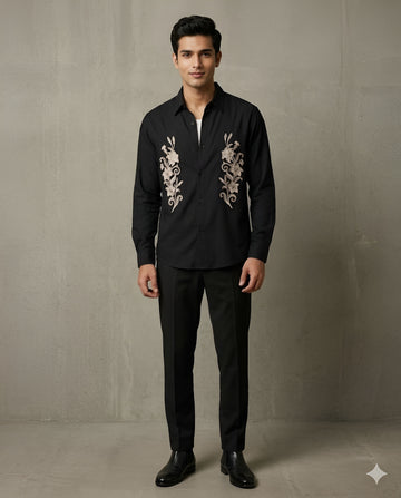 Black Floral Emb Cotton Shirt