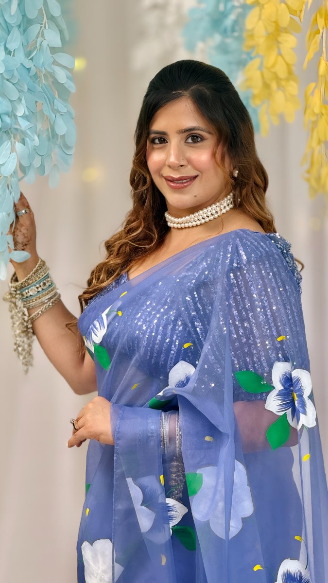 Blue Pea Handpainted Saree