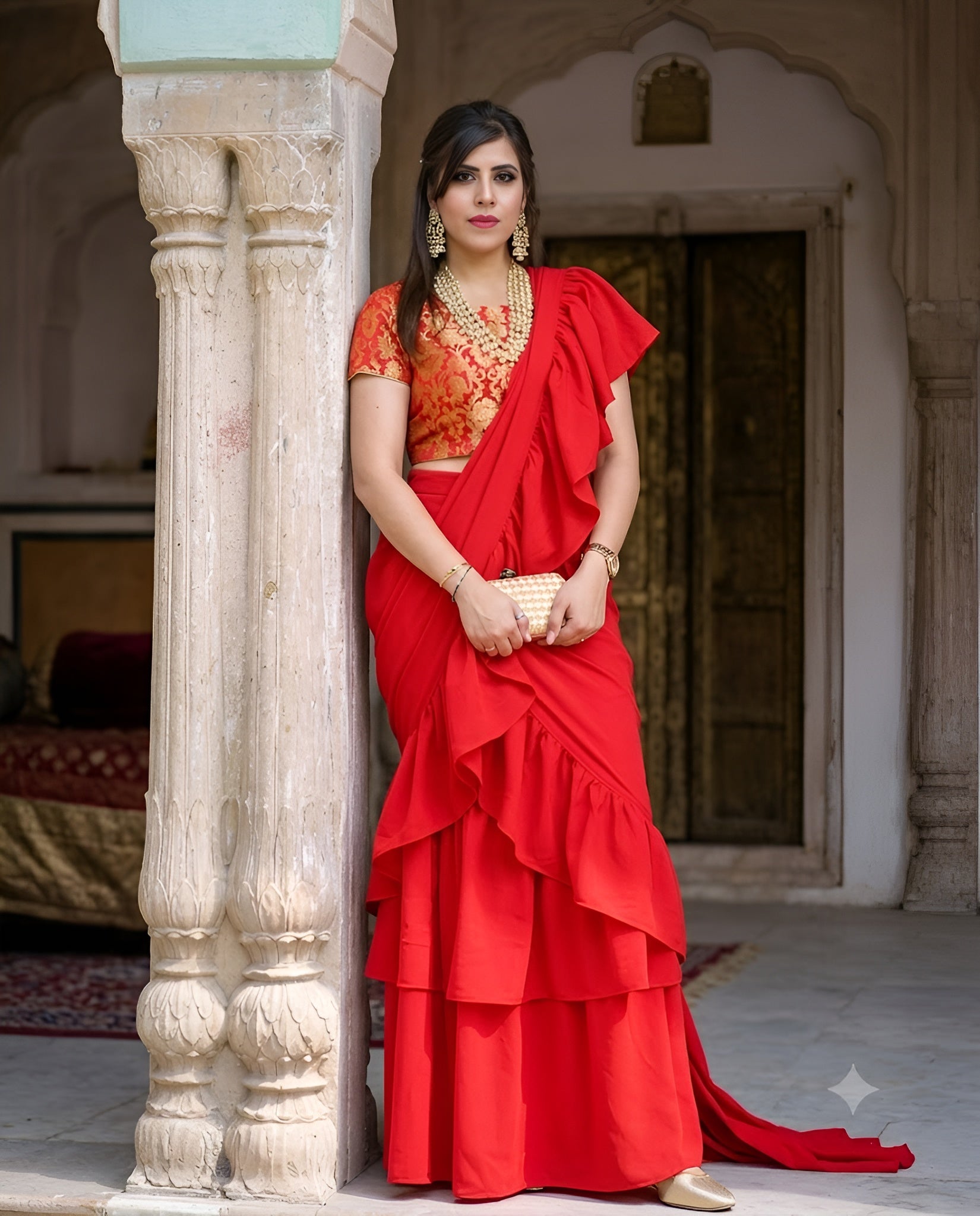 Red Ruffle Saree with Banarsi Blouse