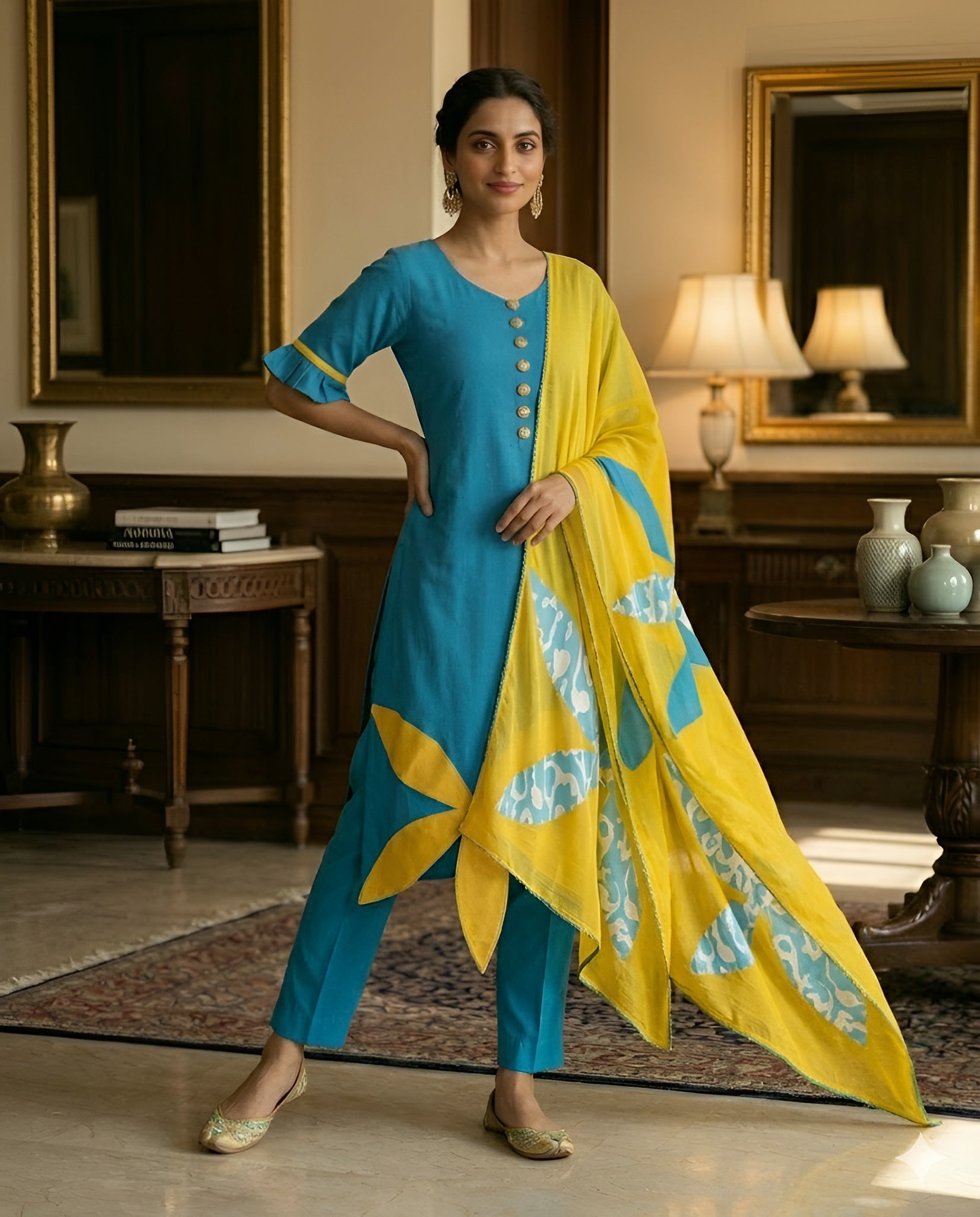 Turquoise Yellow Flower Suit