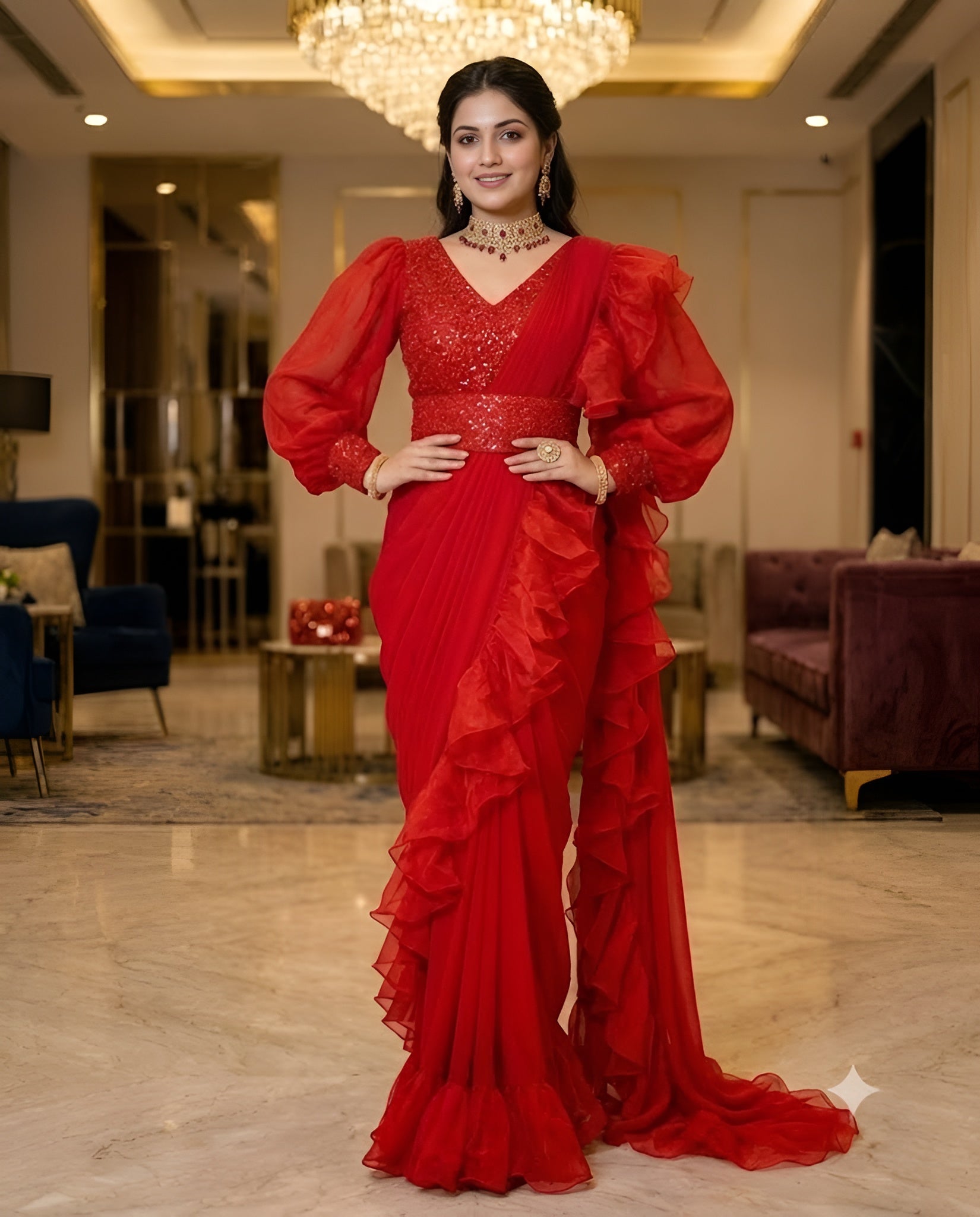 Red Phulkari Drape Saree