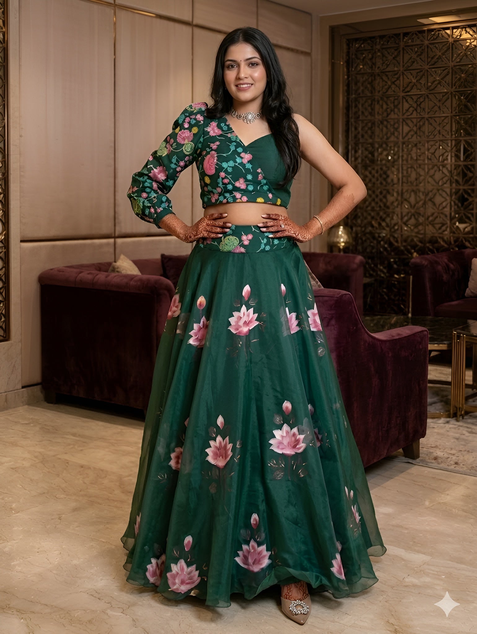 Bottle Green Handpainted Lehenga
