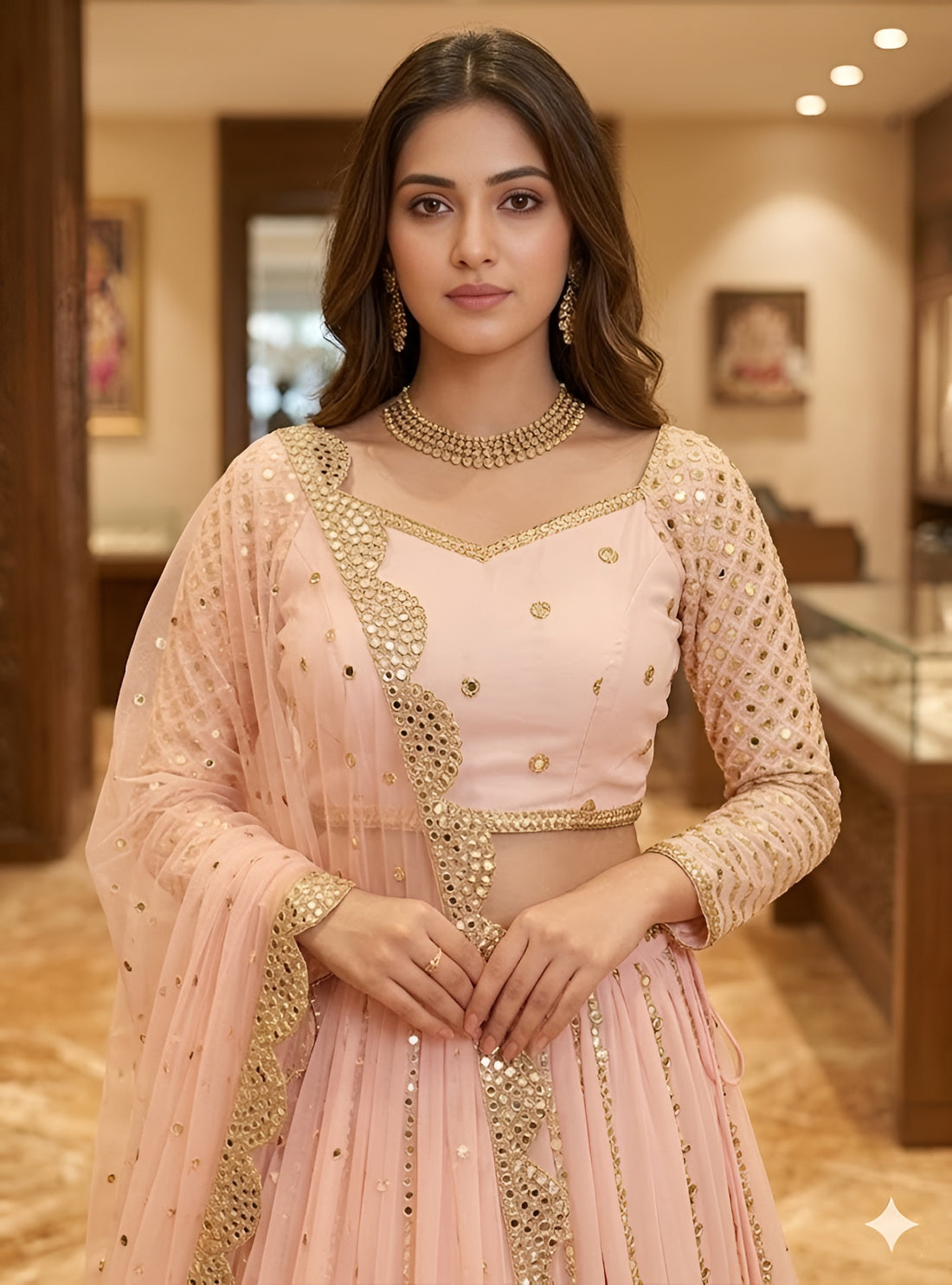 Woman in a pink traditional outfit standing in an elegant interior setting