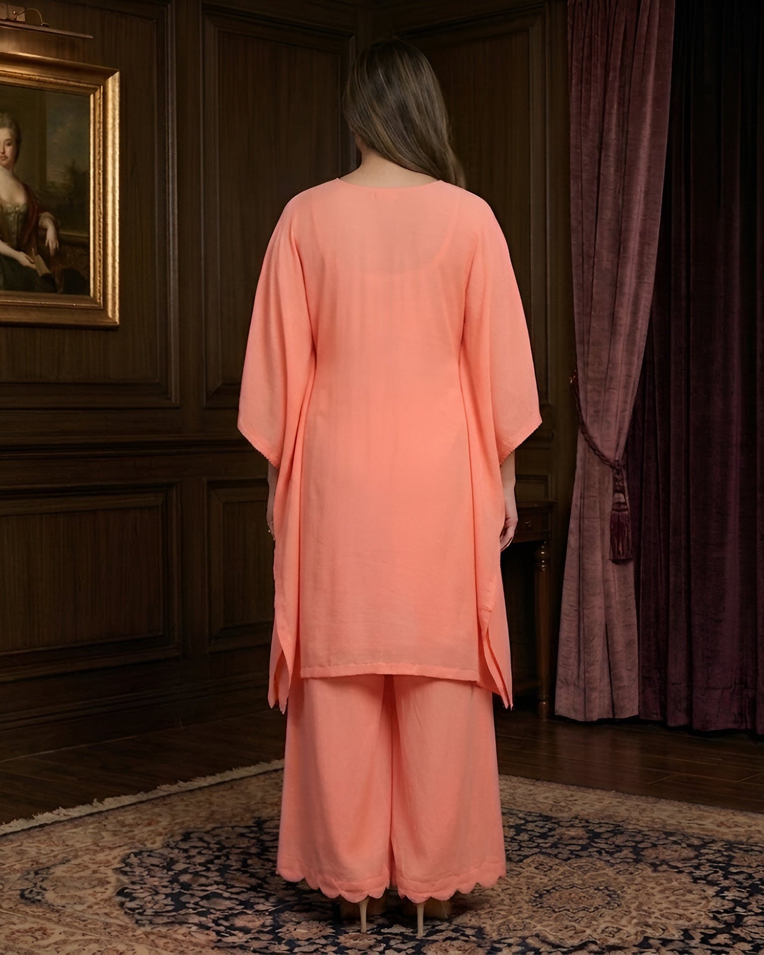 Peach Embroidered Kaftaan Set
