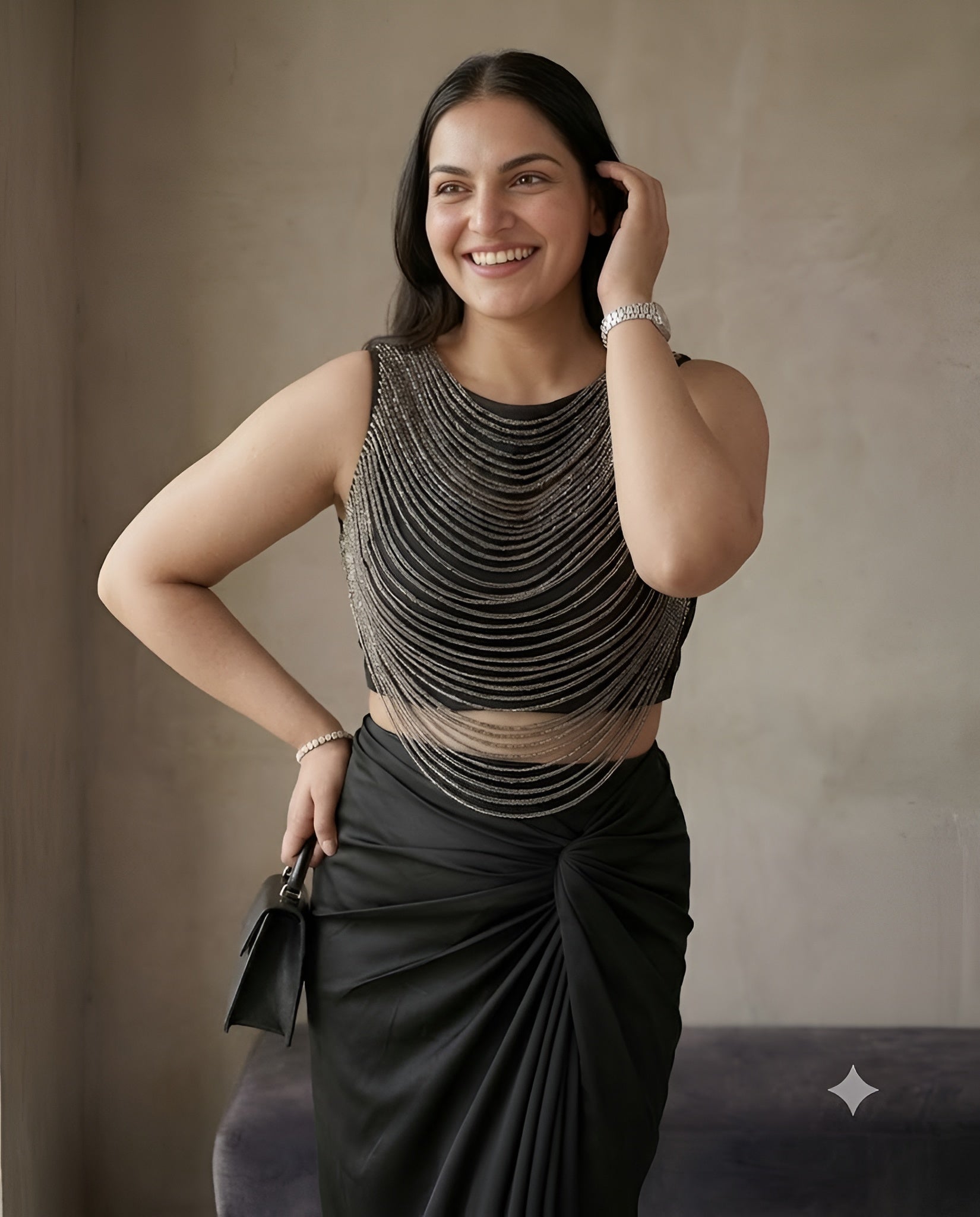 Noir Cascade Beaded Top & Draped Skirt Set