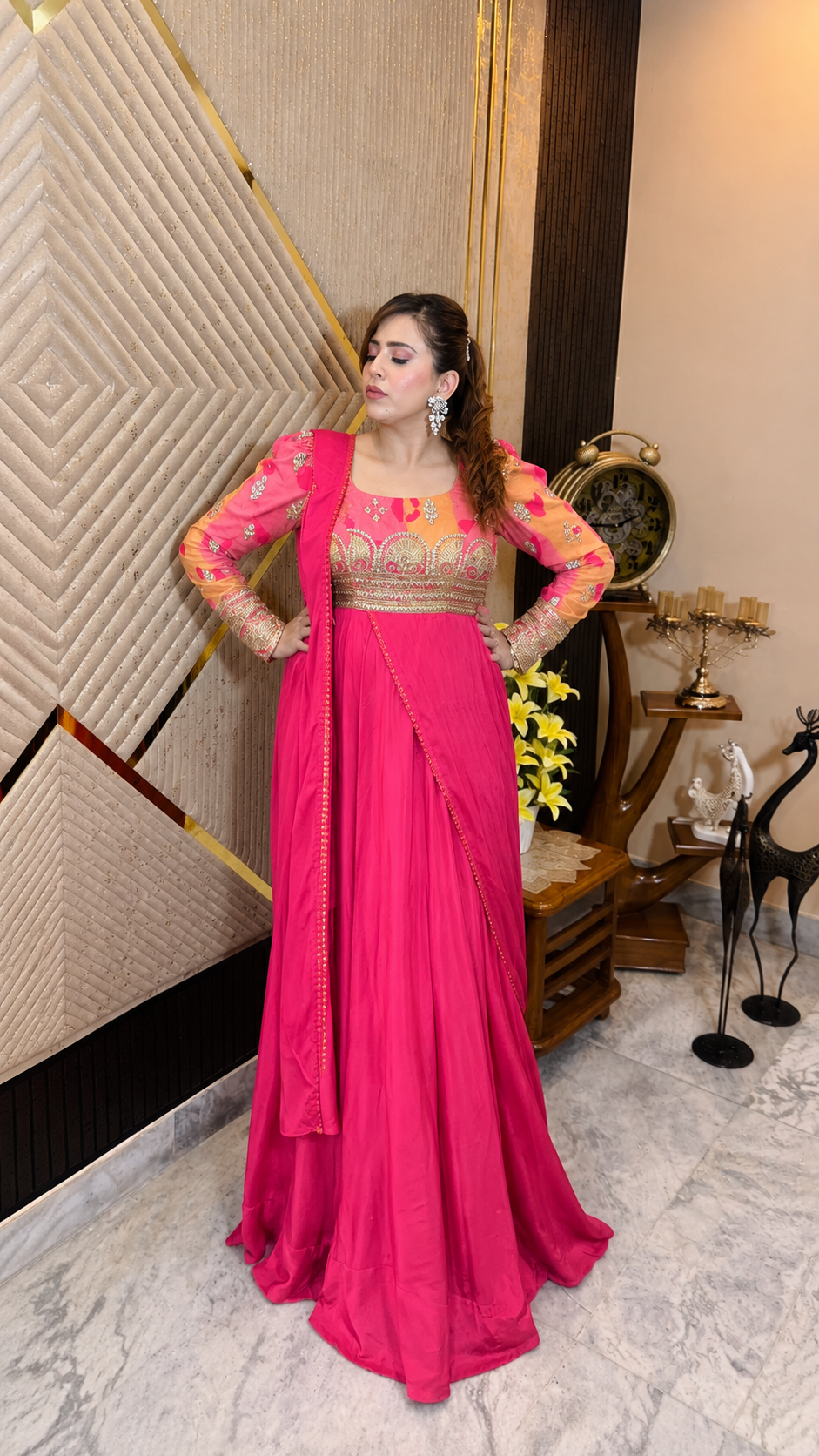 Carrot Pink Drape Saree