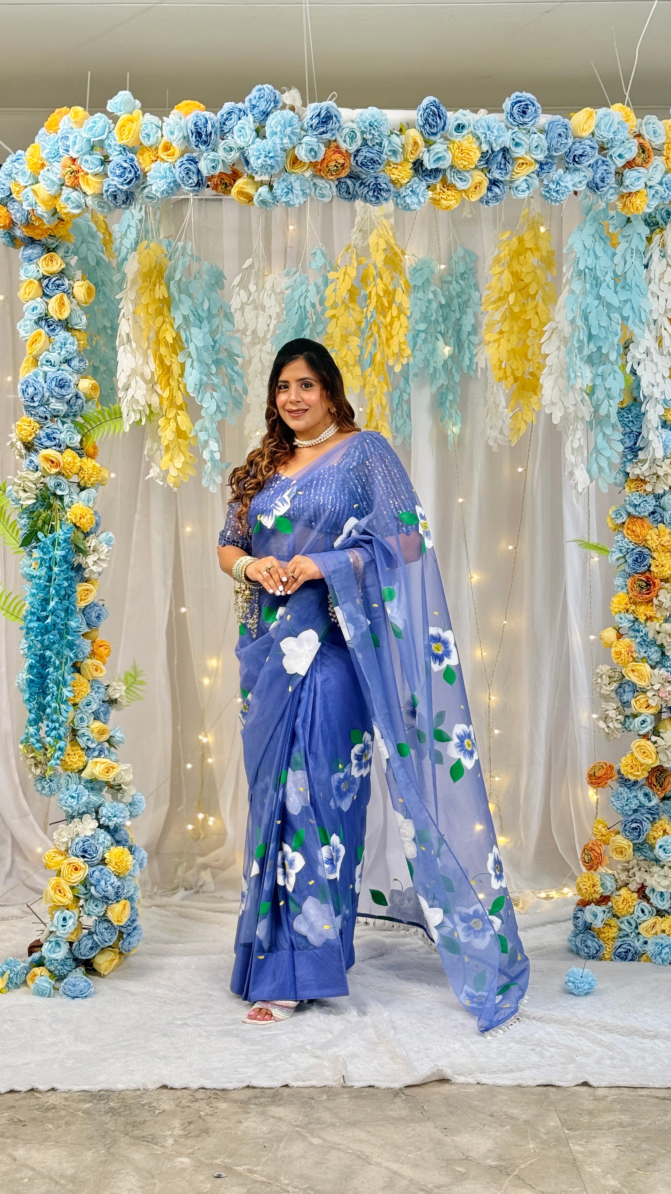 Blue Pea Handpainted Saree with Sequins Blouse