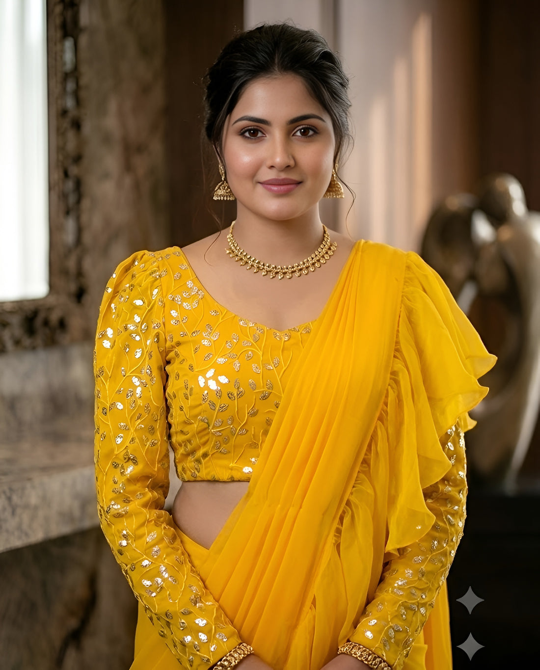 Yellow Ruffled Drape Saree