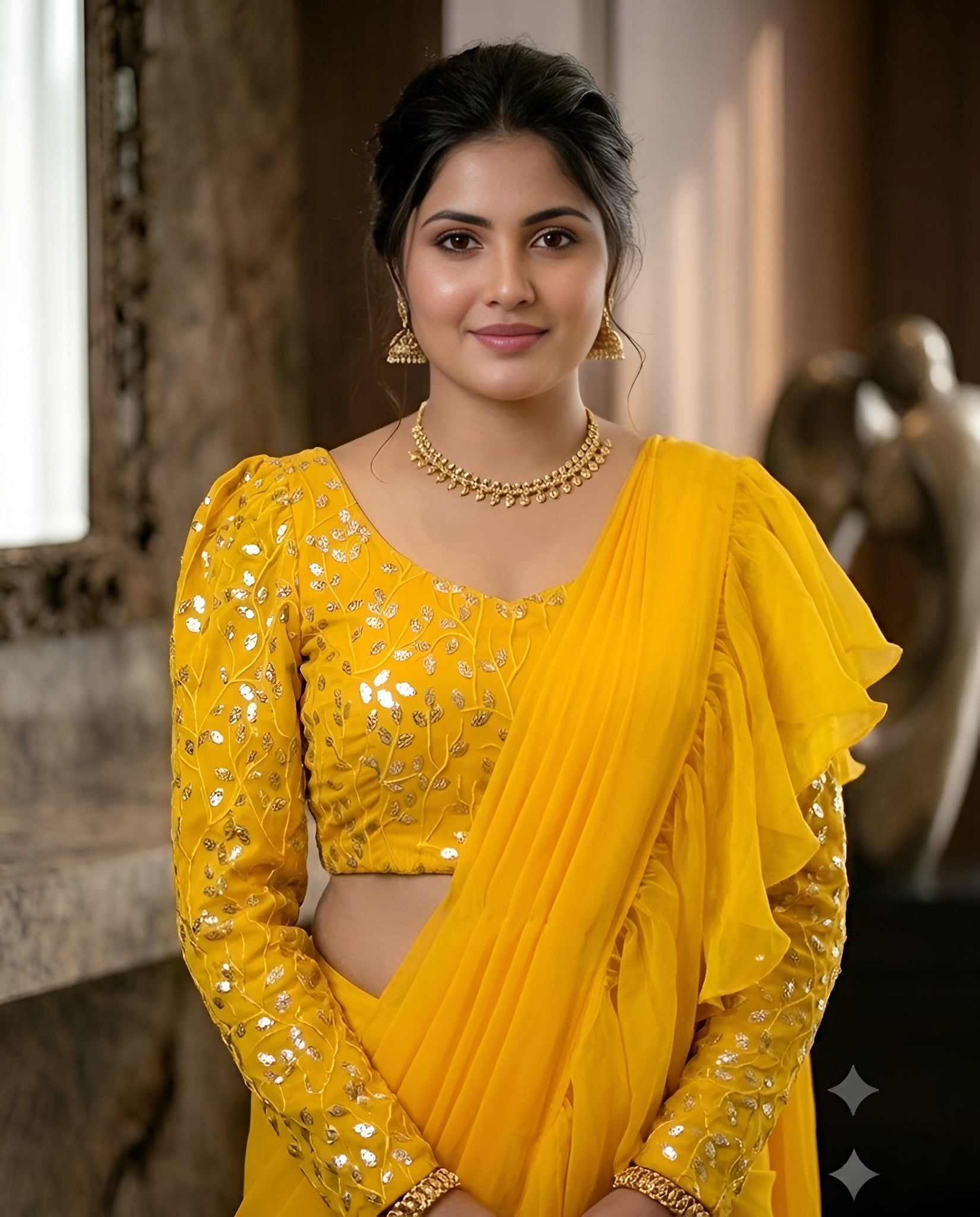 Yellow Ruffled Drape Saree