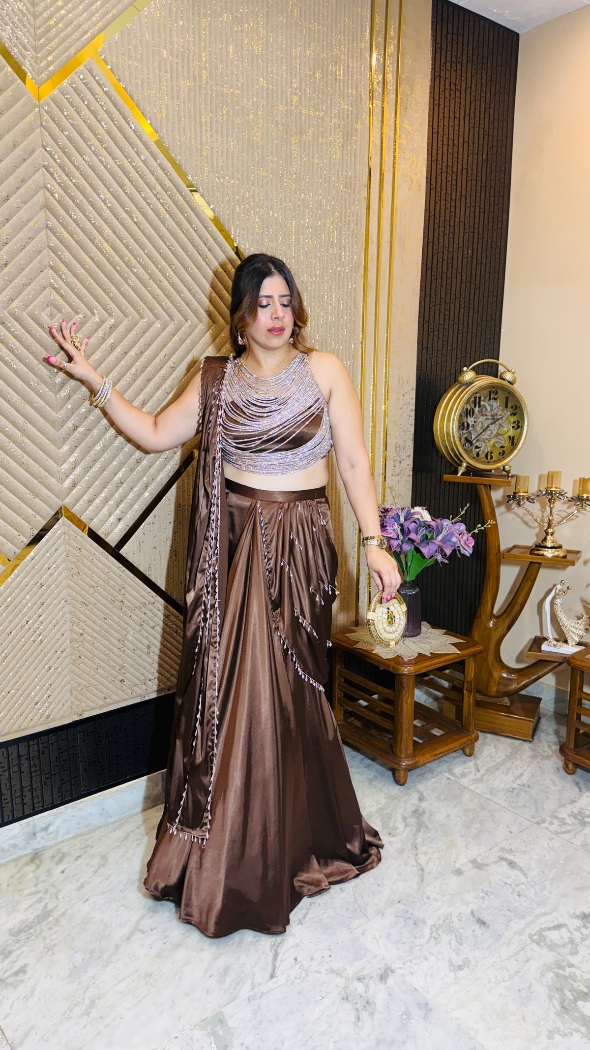 Moonlit Cascade Brown Designer Saree