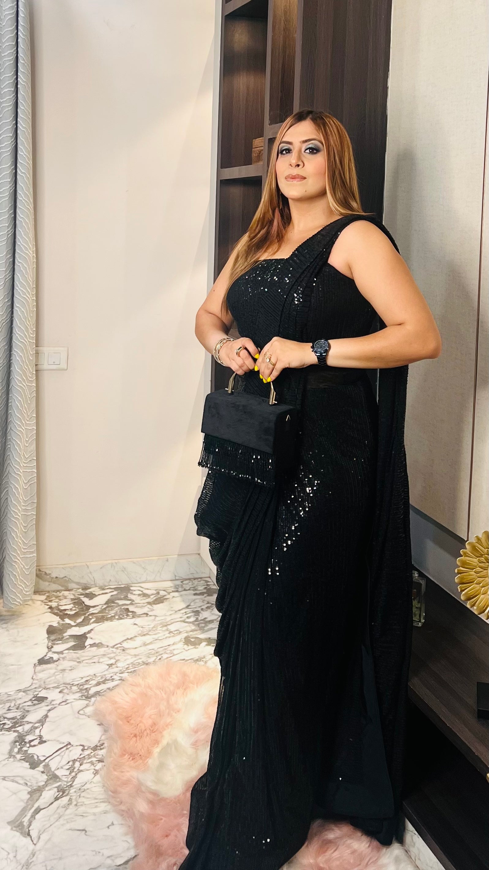 Black Sequin Saree Gown