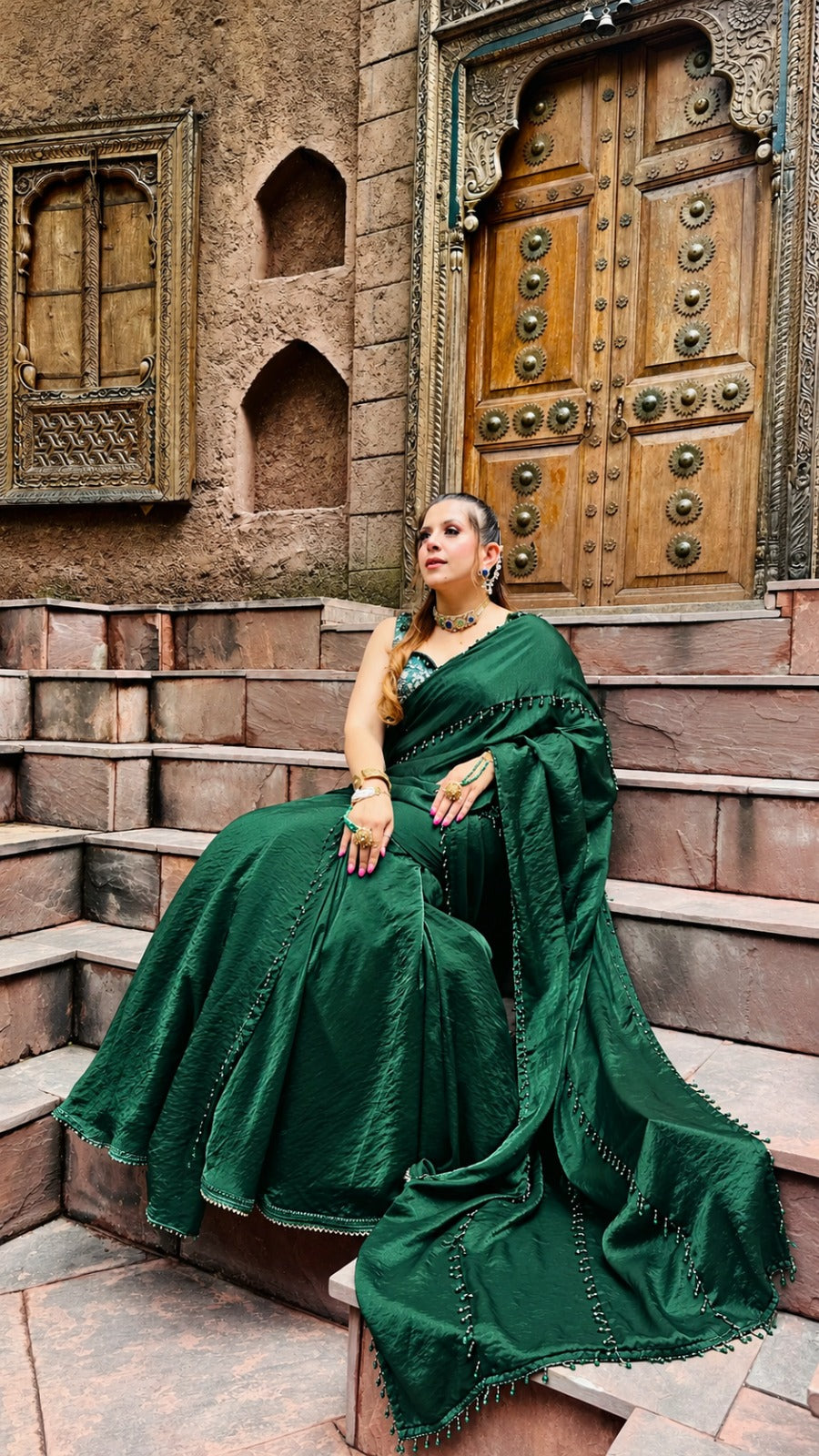 Emerald Cascade Green Shimmer Saree