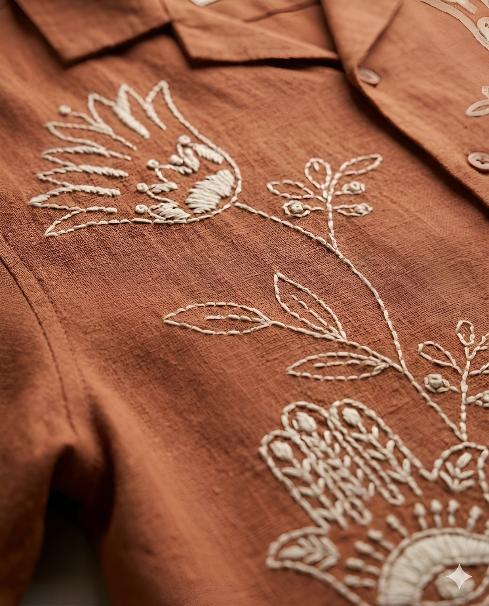 Brown Linen Crush Embroidered Shirt