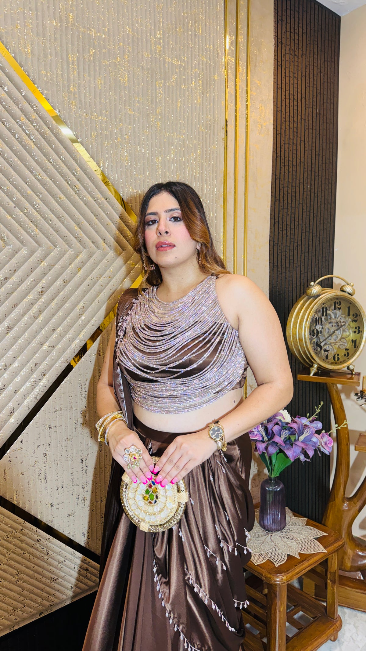 Moonlit Cascade Brown Designer Saree