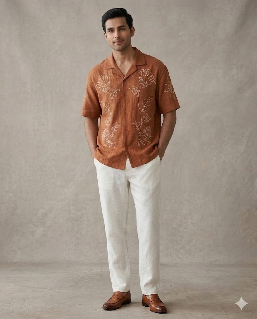 Brown Linen Crush Embroidered Shirt