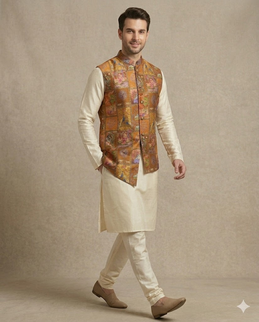 Cream Kurta with Designer Waistcoat