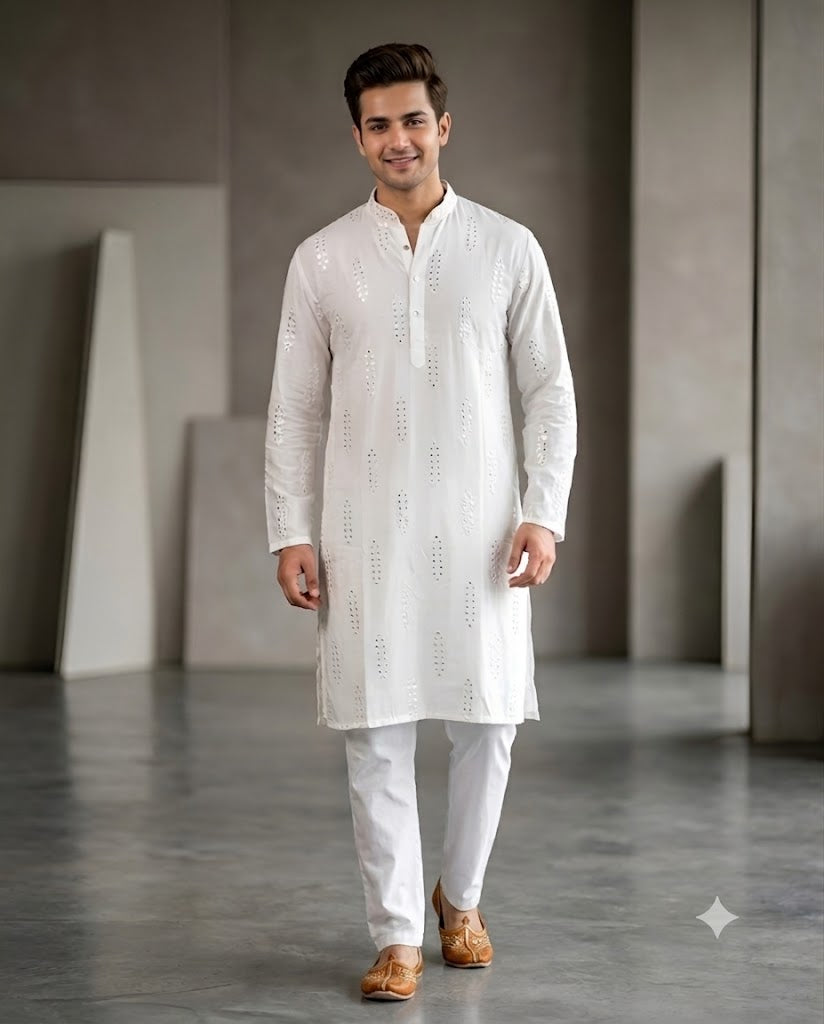 White Mirror Work Cotton Silk Kurta with Pants