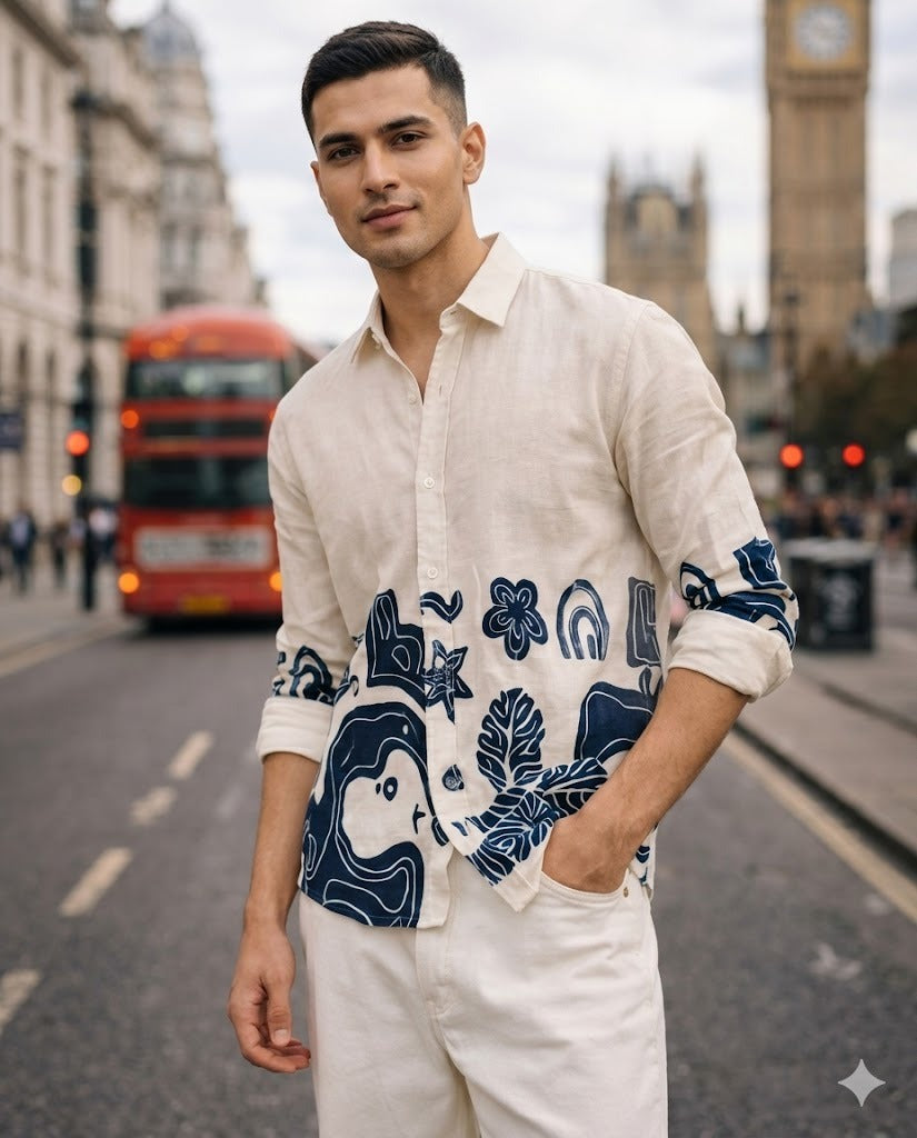 Cream Linen Shirt With Abstract Graphic Print
