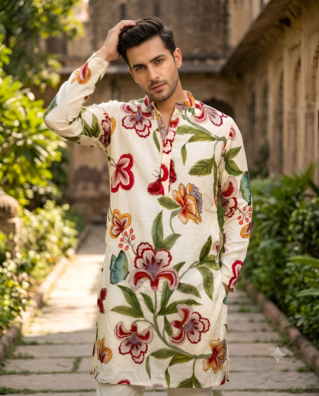 Cream Organza Floral Rakhi Kurta Set