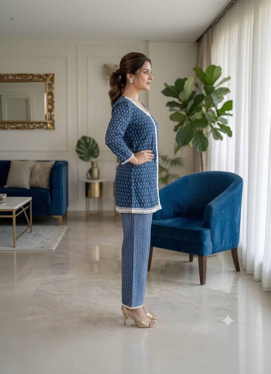 Woman in a blue patterned outfit standing in a stylish living room.