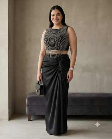 Noir Cascade Beaded Top & Draped Skirt Set