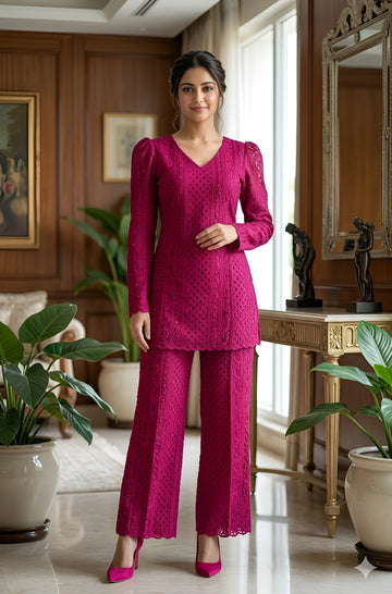 Wine Chikankari Co-Ord Set