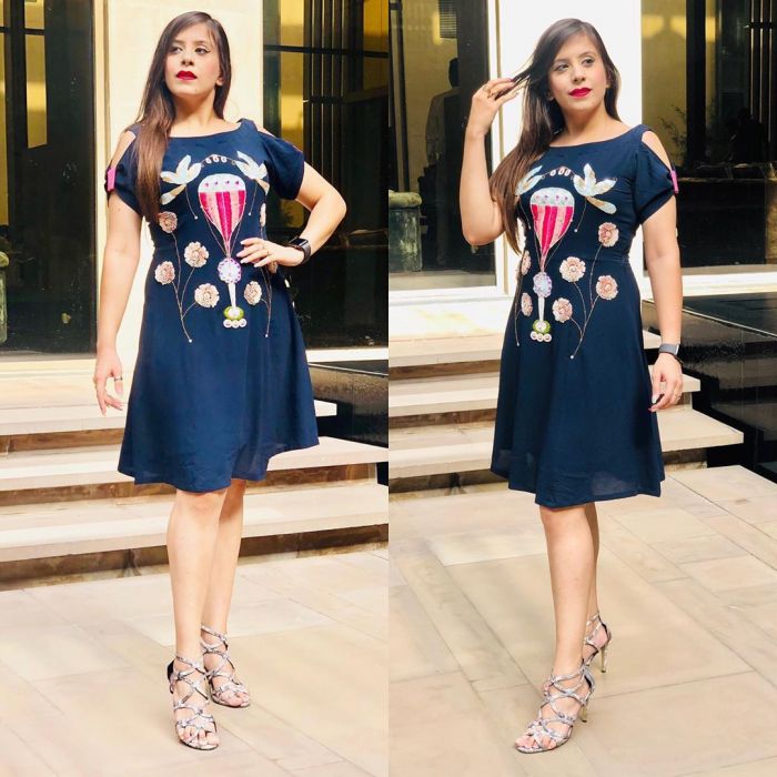 Navy Blue Balloon Embroidered Dress
