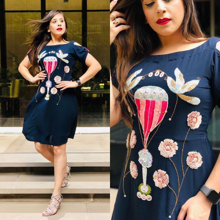 Navy Blue Balloon Embroidered Dress