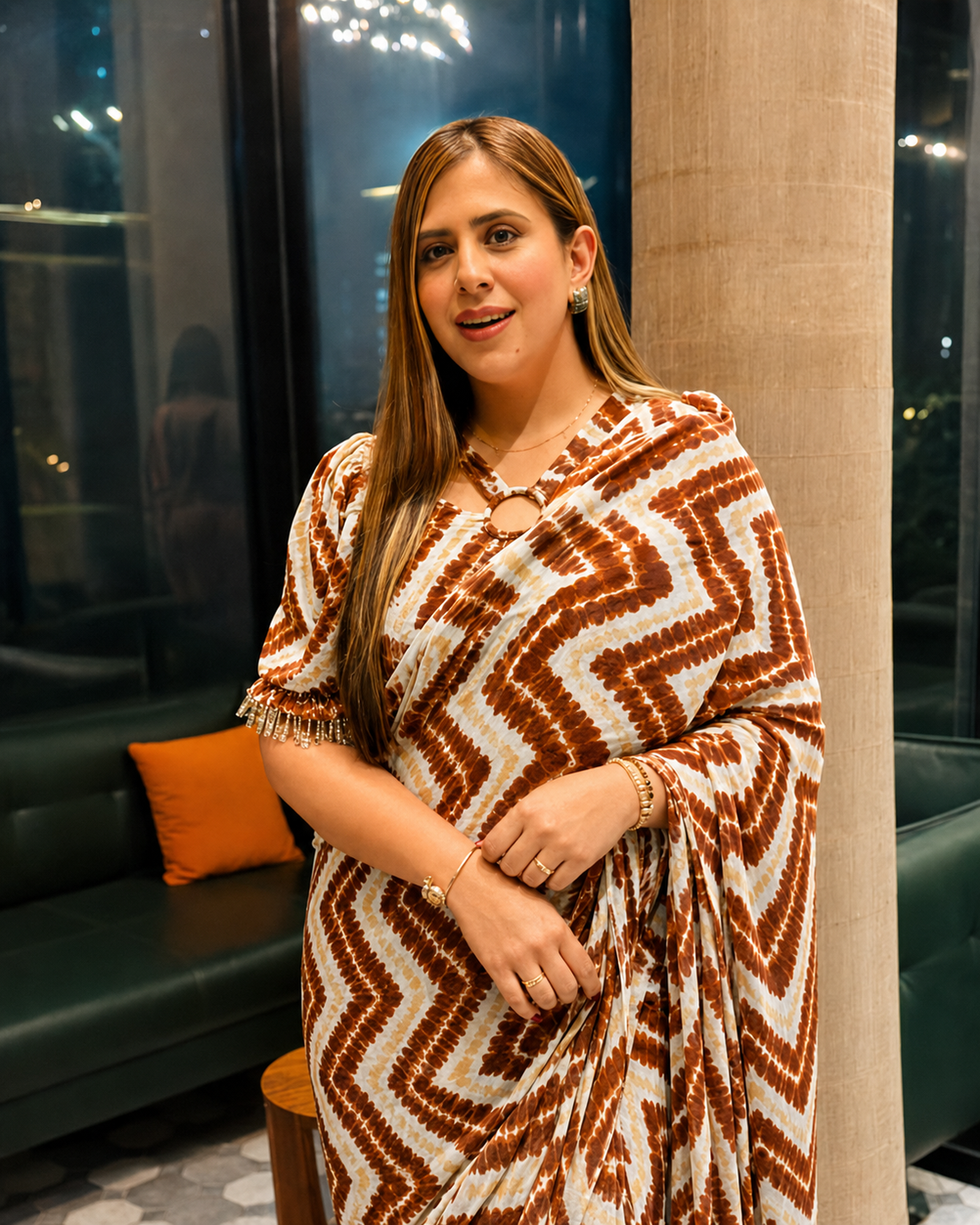 Cream & Brown Chevron Pre-Draped Saree