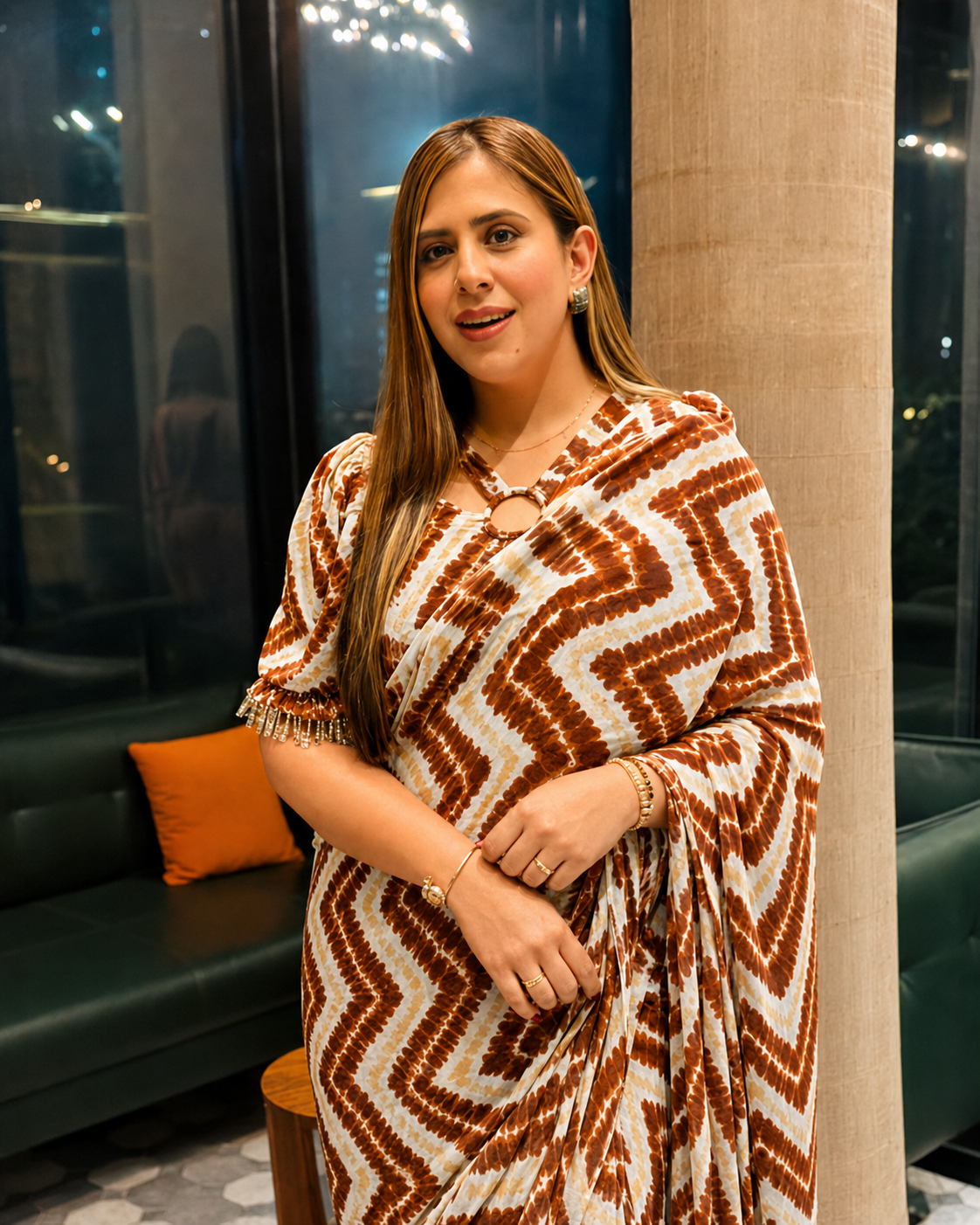 Cream & Brown Chevron Pre-Draped Saree