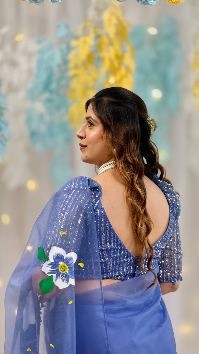 Blue Pea Handpainted Saree