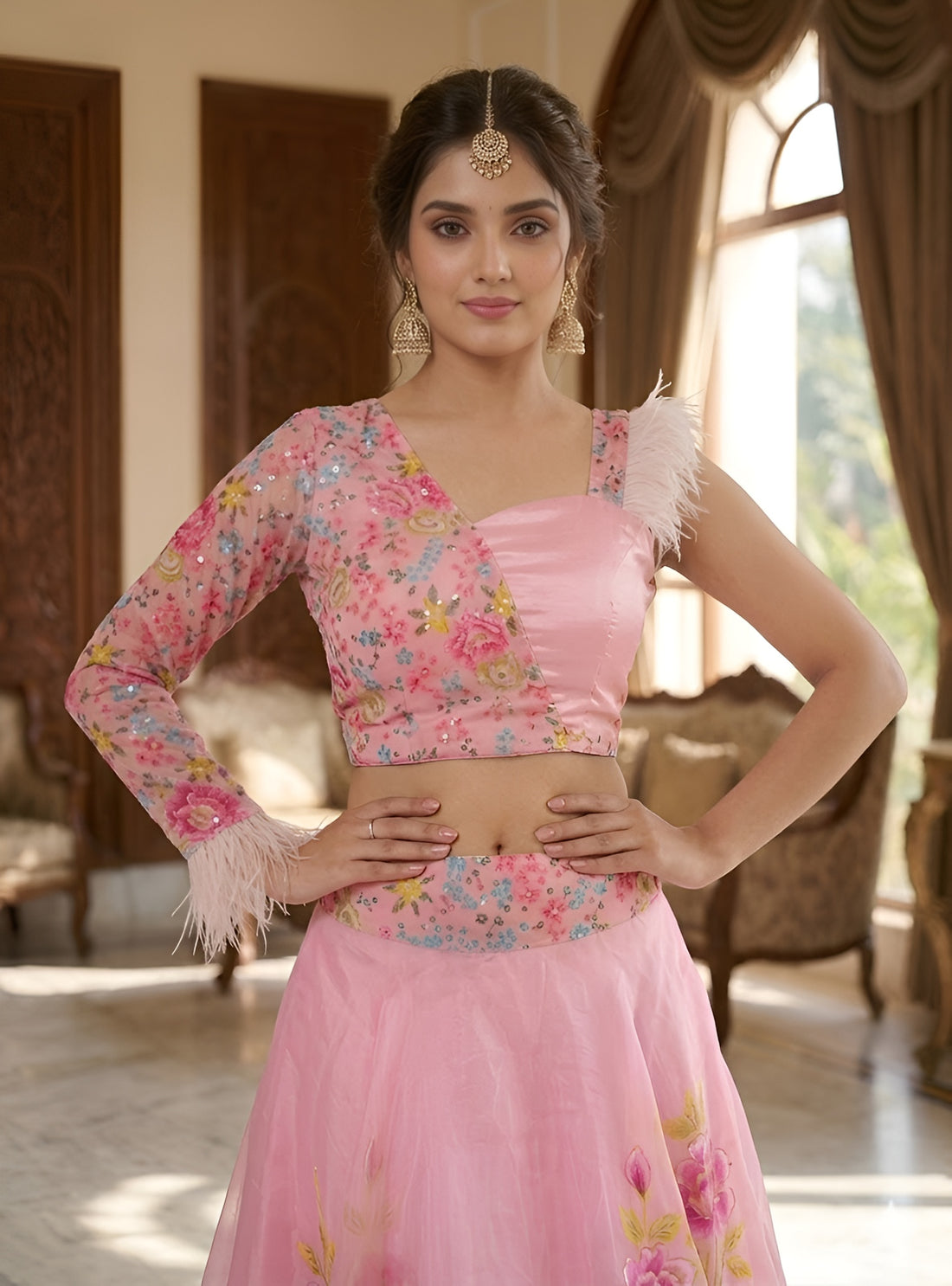 Baby Pink Hand Painted Organza Lehenga