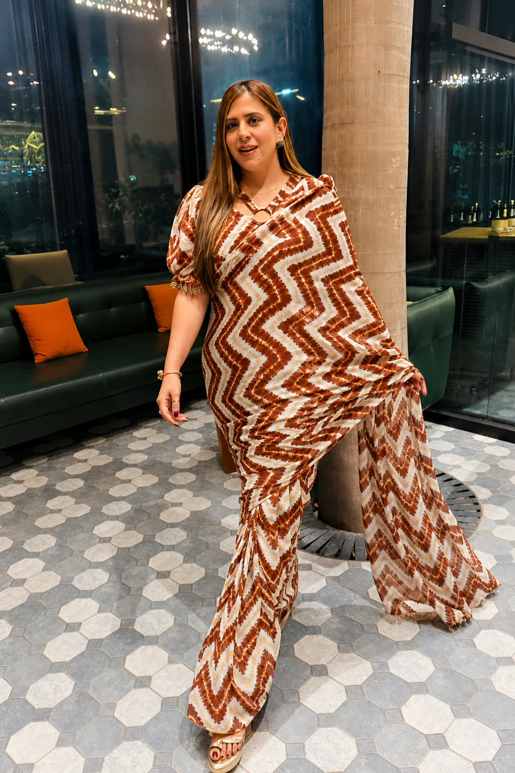 Cream & Brown Chevron Pre-Draped Saree