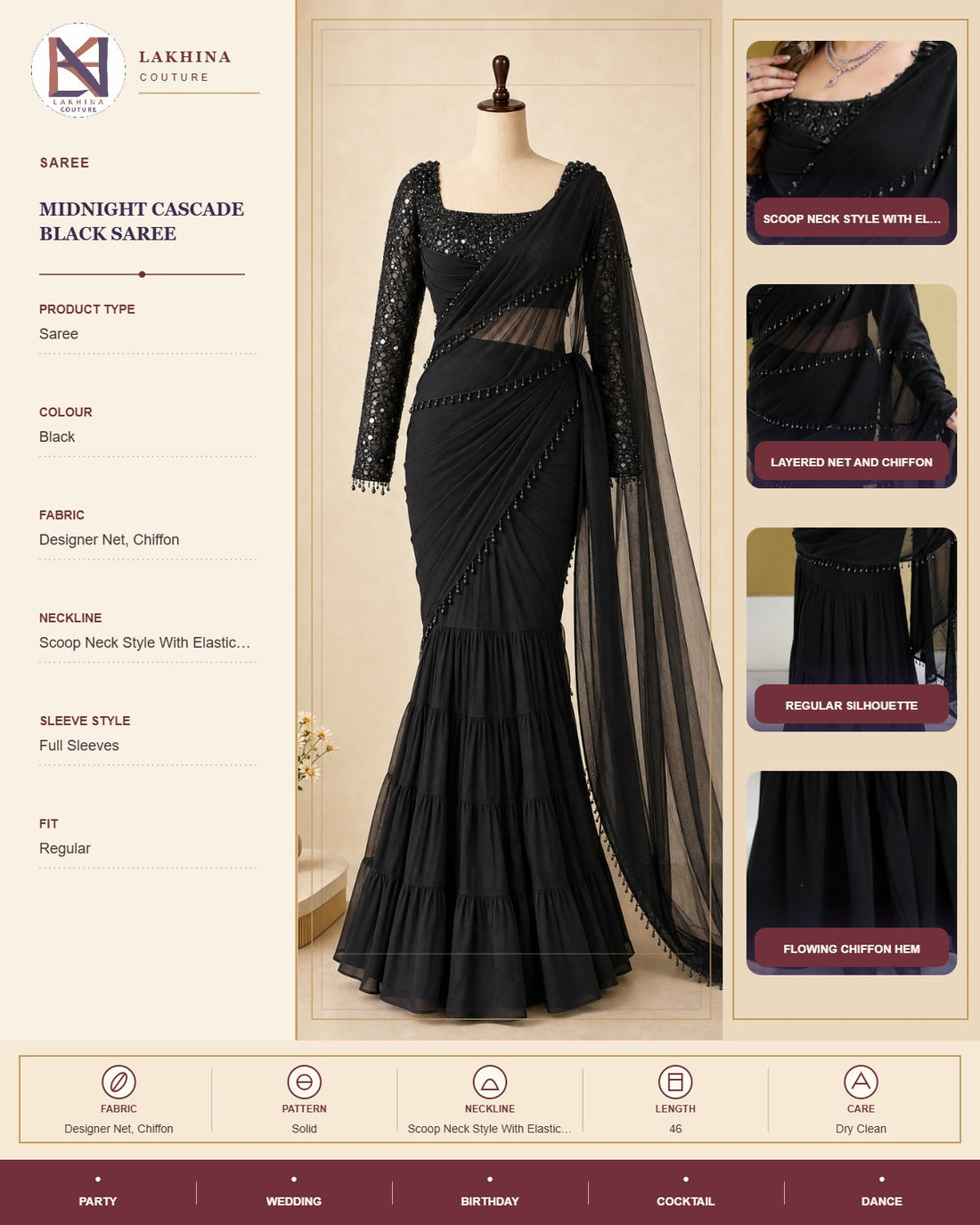 Midnight Cascade Black Saree