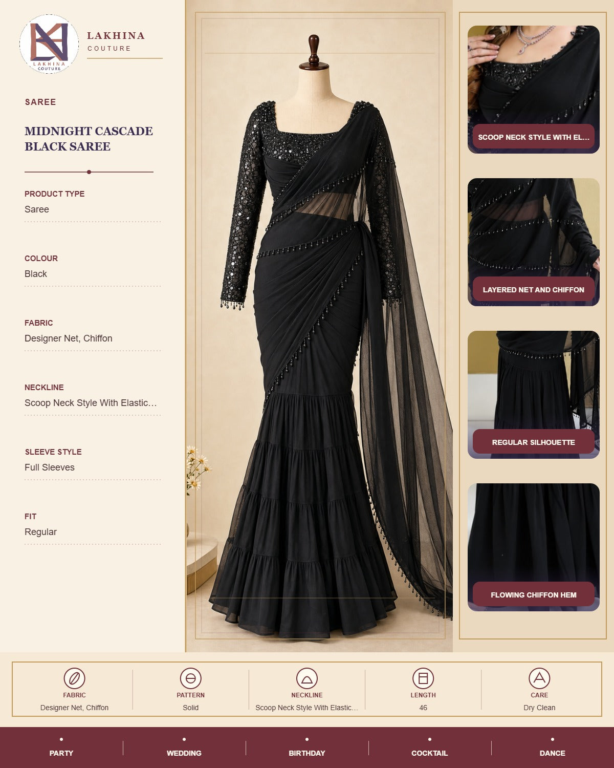 Midnight Cascade Black Saree