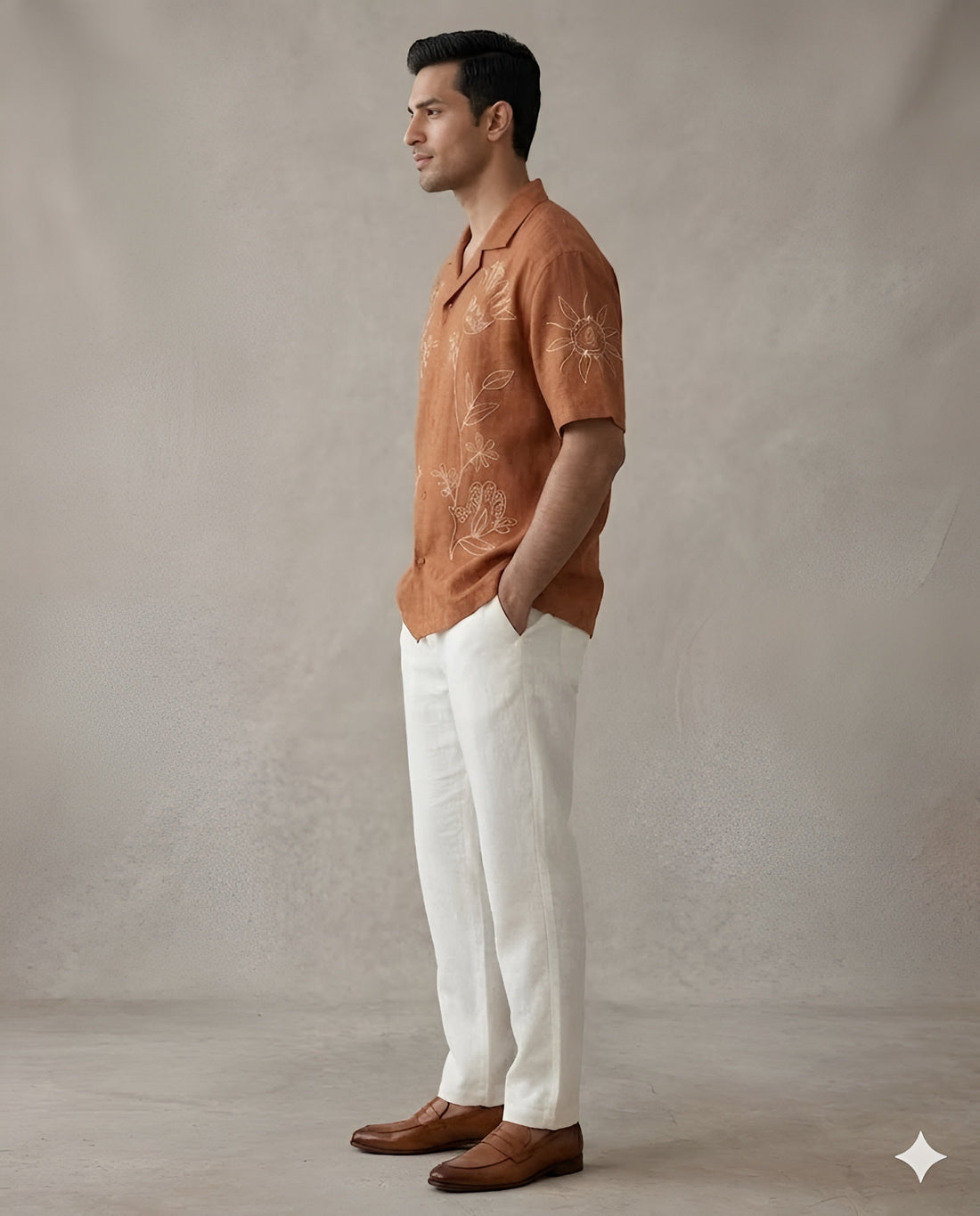 Brown Linen Crush Embroidered Shirt