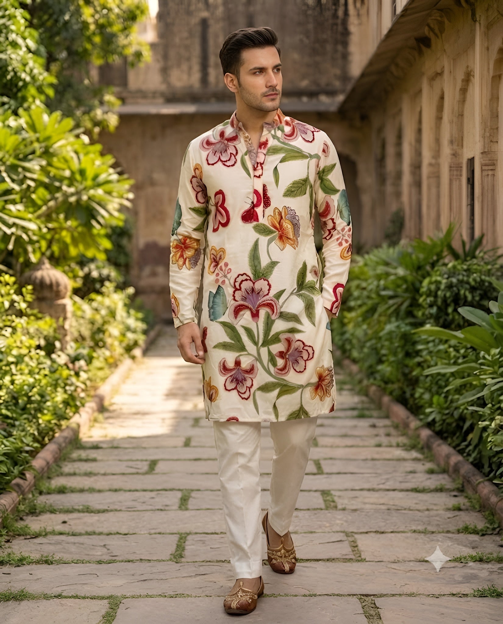 Cream Organza Floral Rakhi Kurta Set