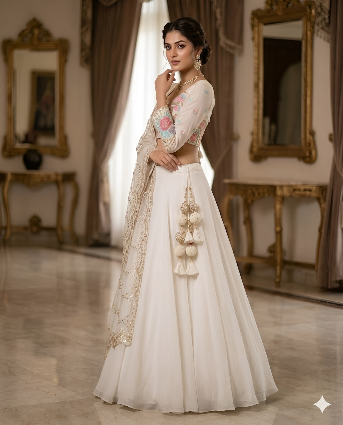 Woman in a white traditional outfit with floral details in an elegant room.