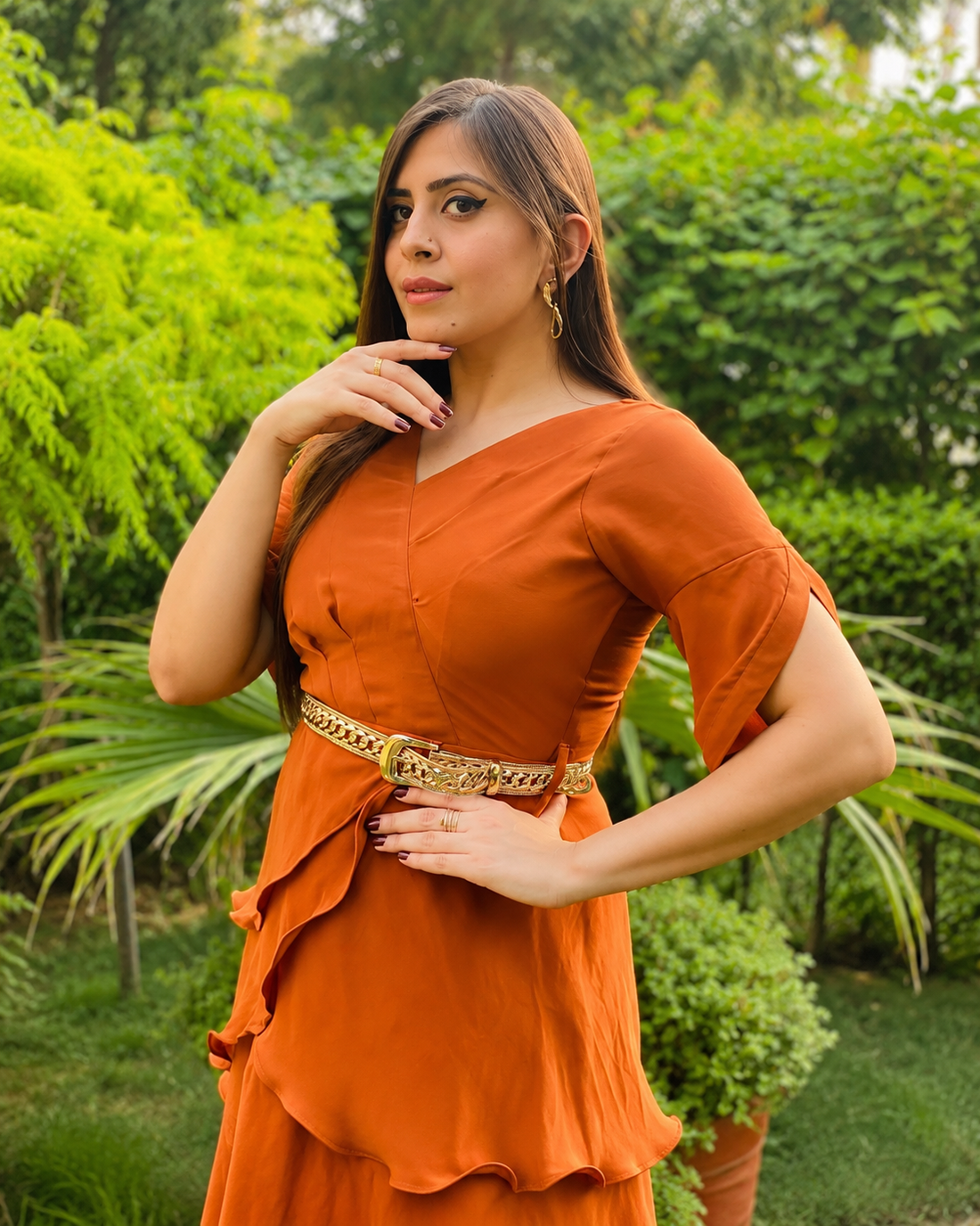 Rust V-Neck Ruffle Dress