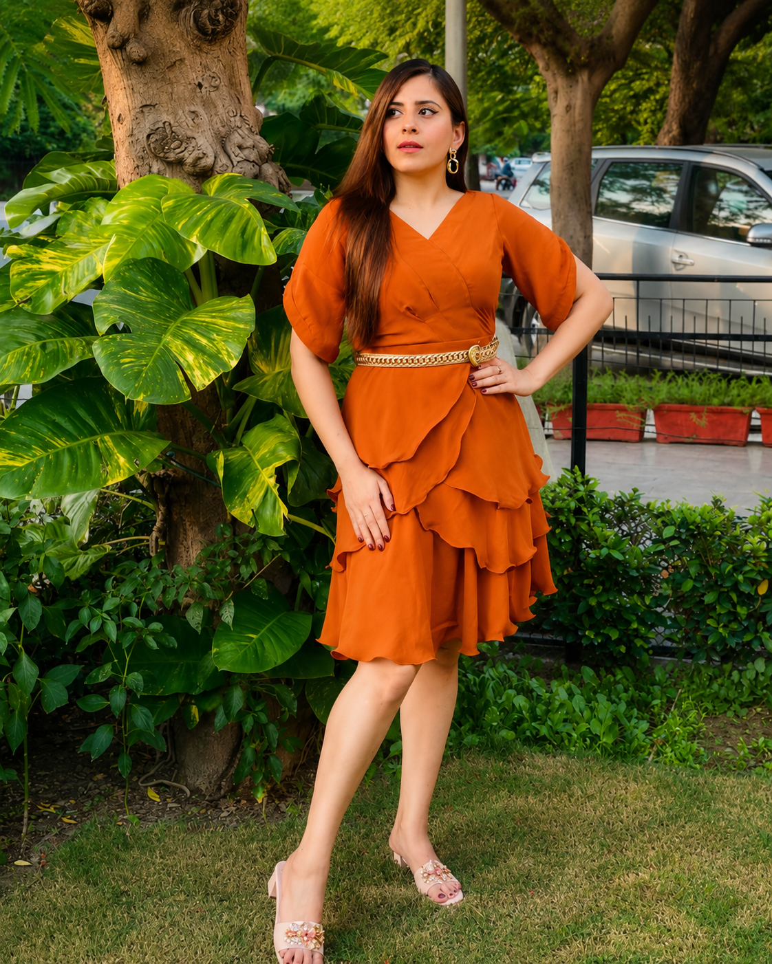 Rust V-Neck Ruffle Dress